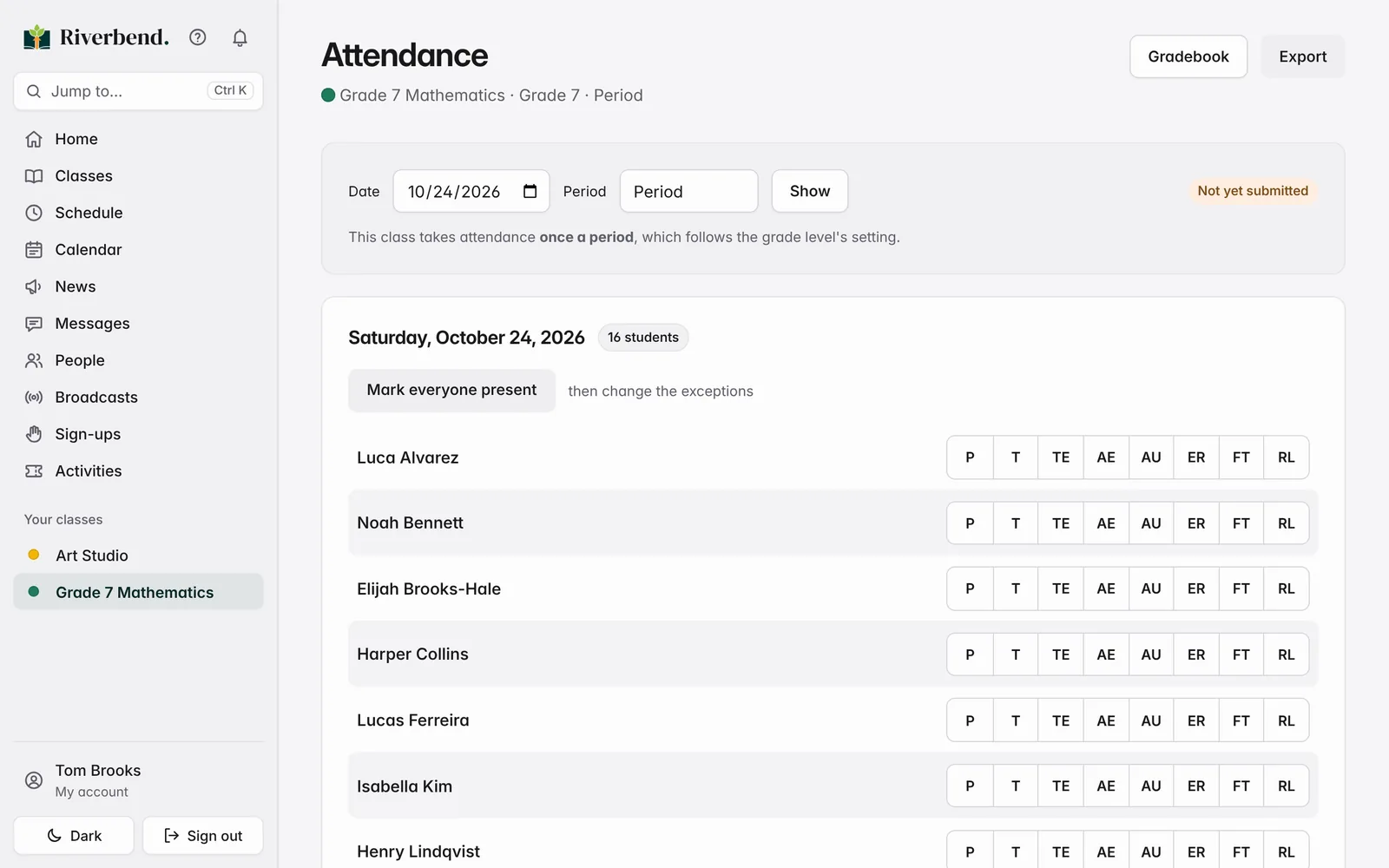 School Portal: Attendance screen