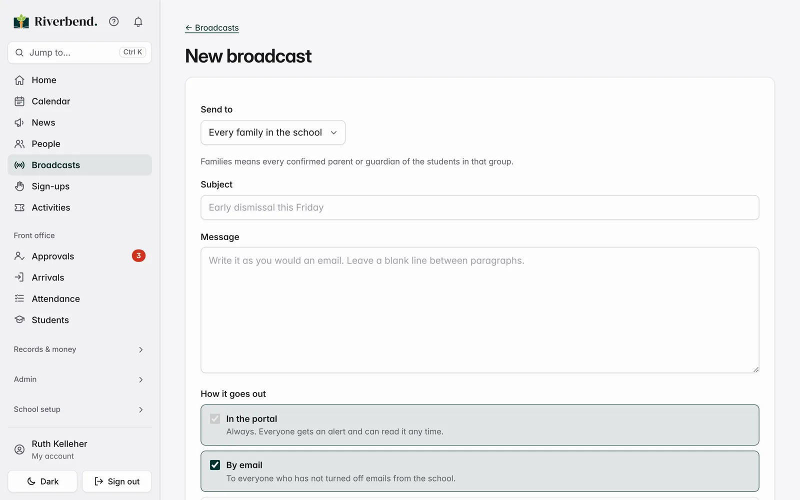 School Portal: Broadcasts screen