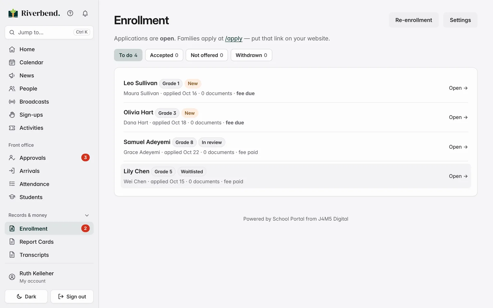 School Portal: Enrollment screen
