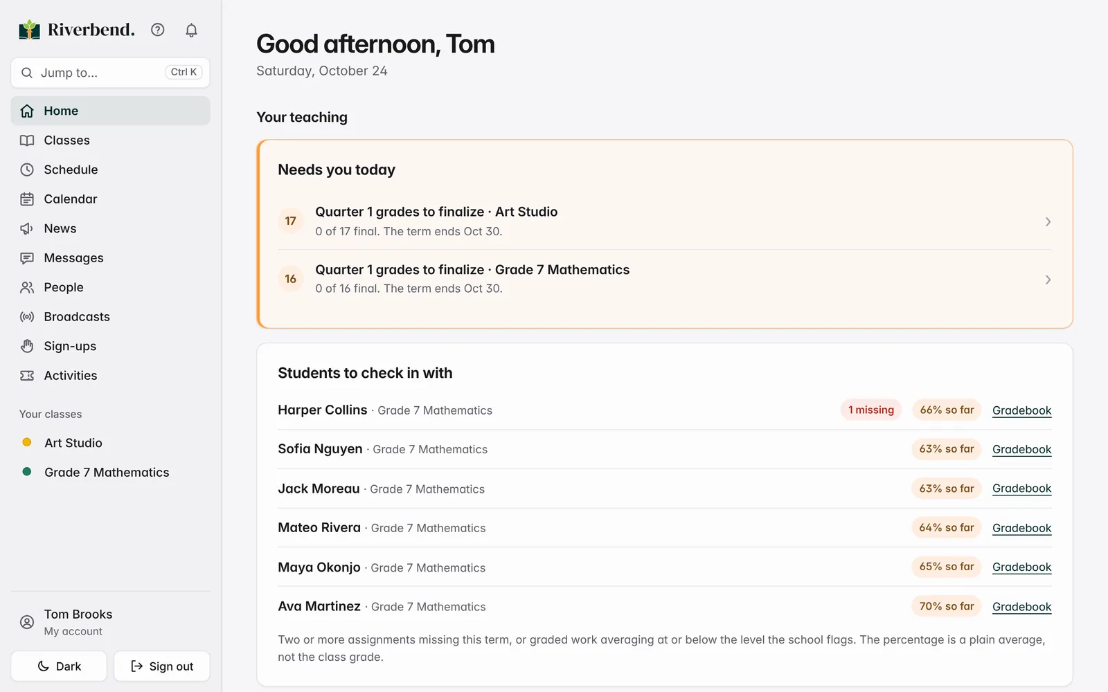 School Portal: Teacher’s day screen
